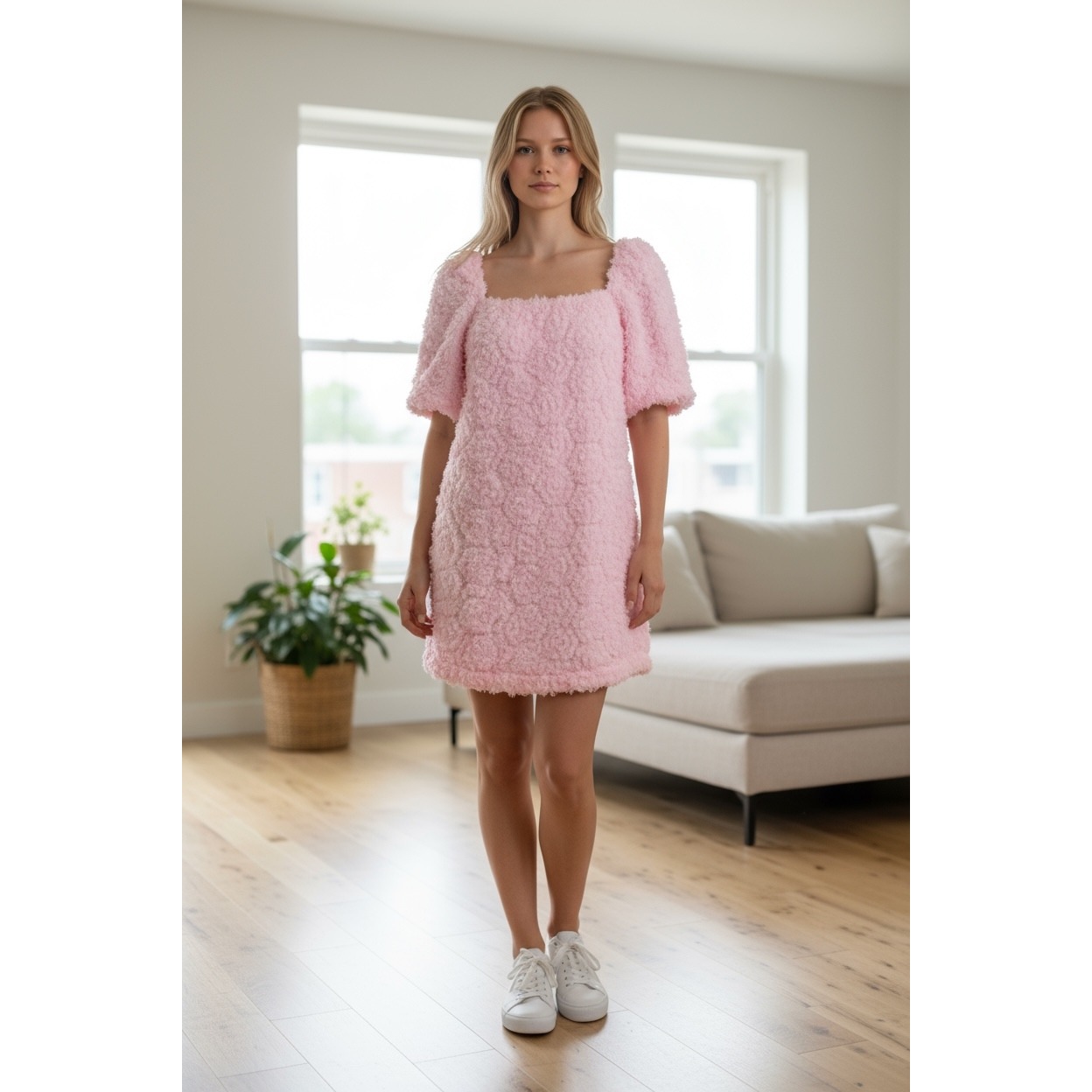 Hyacinth House Pink Textured Cora Mini Dress Short Sleeve Square Neck